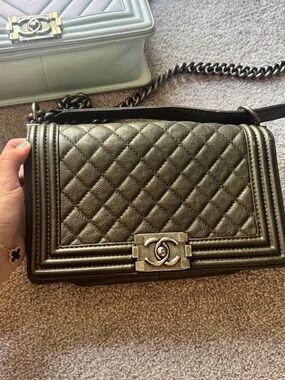 CHANEL Metallic Olive Green Quilted Boy Crossbody Bag